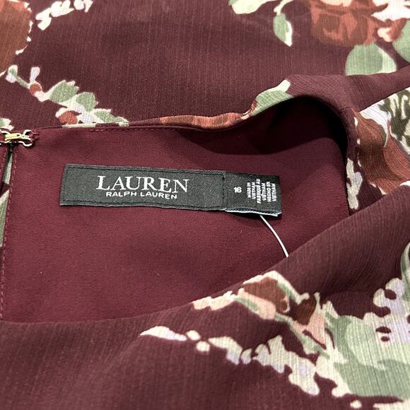Lauren Ralph Lauren Womens Wine Floral Color Sz 16 Crinkle Georgette Shift Dress - Picture 9 of 9